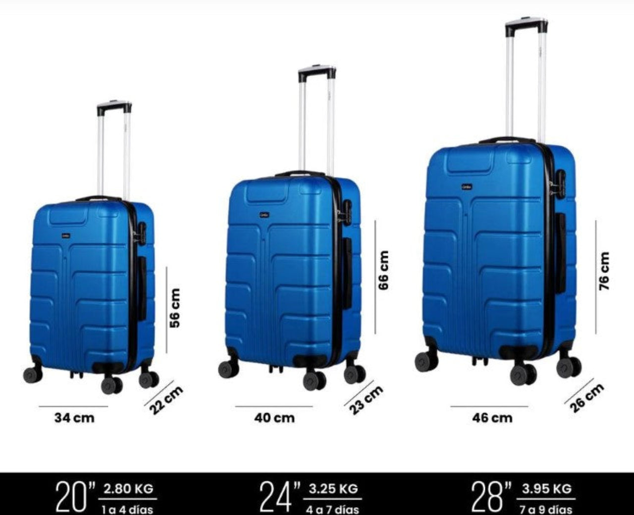 Juego de 3 Maletas de Viaje Rigidas Con Ruedas 360 Color Azul + Bolsas De Viaje