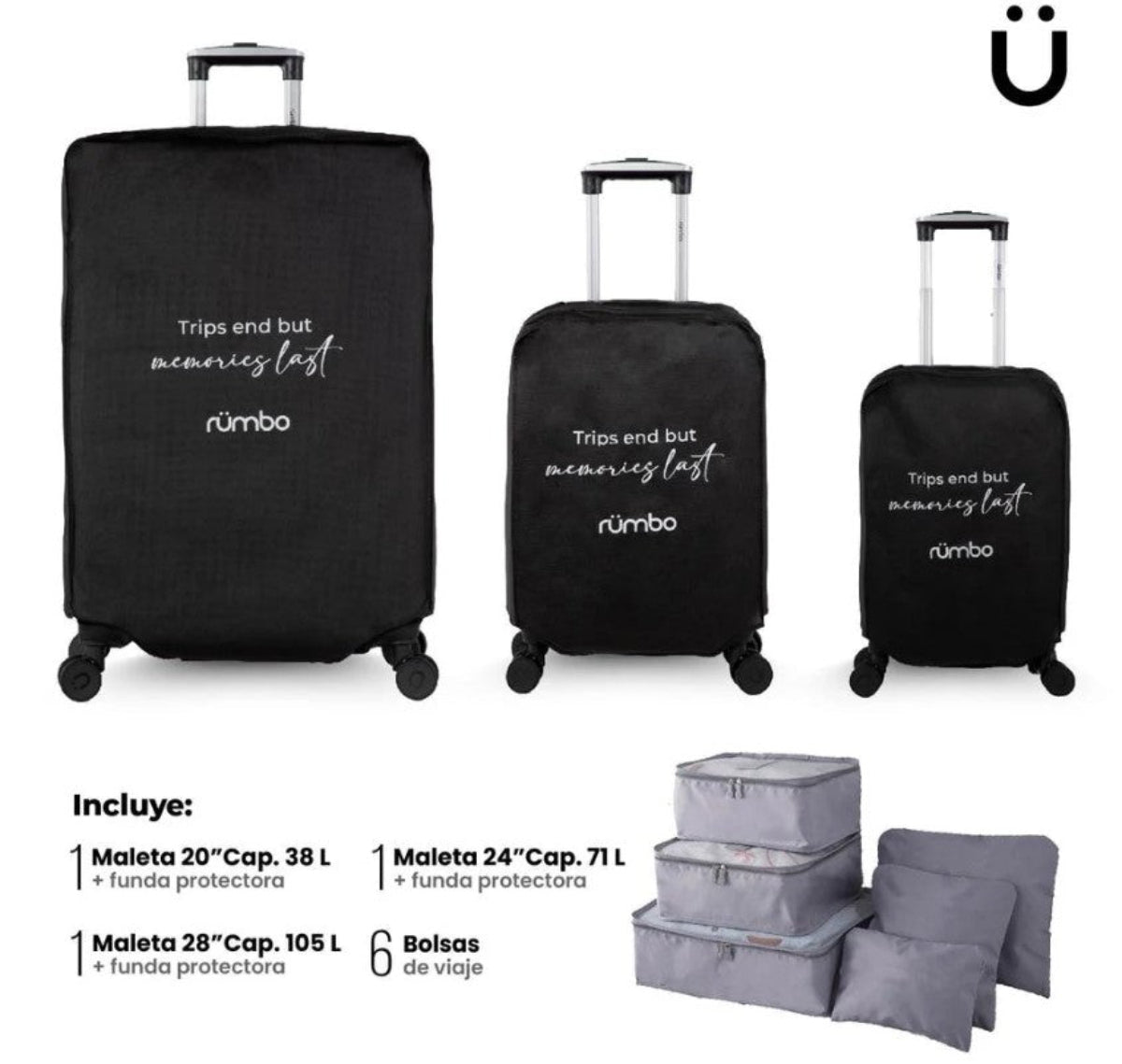 Juego de 3 Maletas de Viaje Rigidas Con Ruedas 360 Color Azul + Bolsas De Viaje