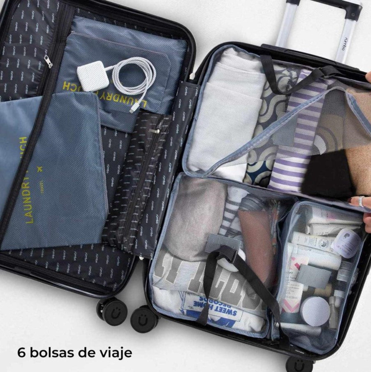Juego de 3 Maletas de Viaje Rigidas Con Ruedas 360 Color Azul + Bolsas De Viaje
