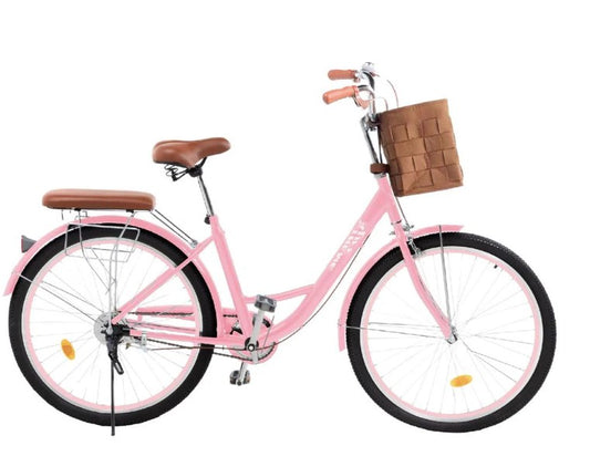 Bicicleta Urbana R26 Con Canastilla Y Freno De Pinza Acero Color Rosa Estilo Vintage