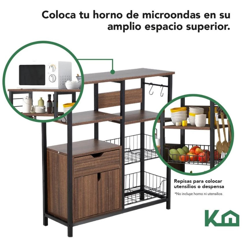 Combo Cocina: Microondas XWAVE Tipo Espejo MIRAGE + Mueble Multiusos Negro con Cajón y Repisas