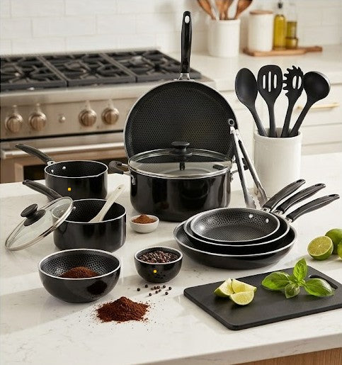 Batería de Cocina Antiadherente de 17 Piezas - Kit Profesional con Utensilios y Bowls