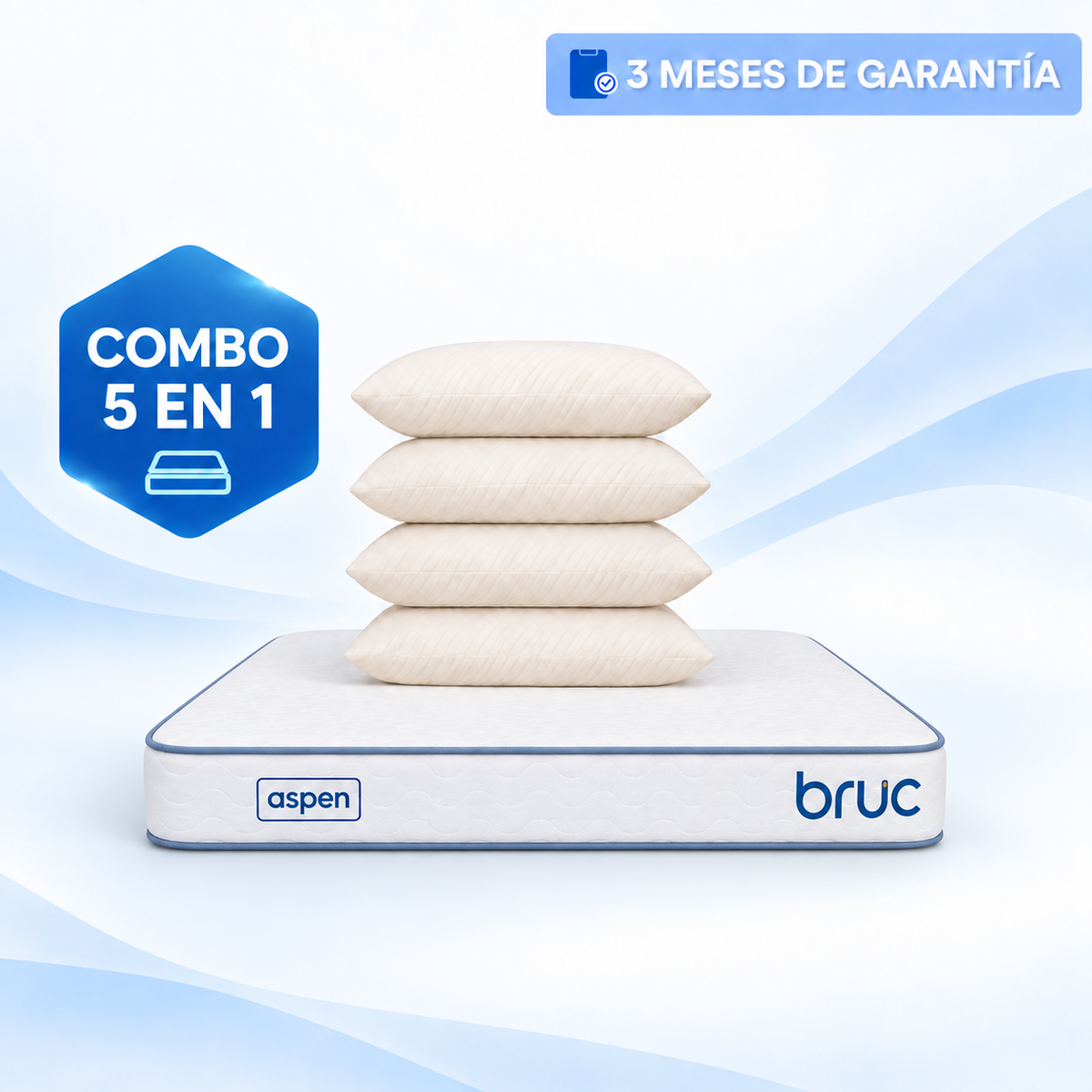 Colchón Queen Size Bruc Aspen Confort Plus Con 4 Almohadas Super Visco