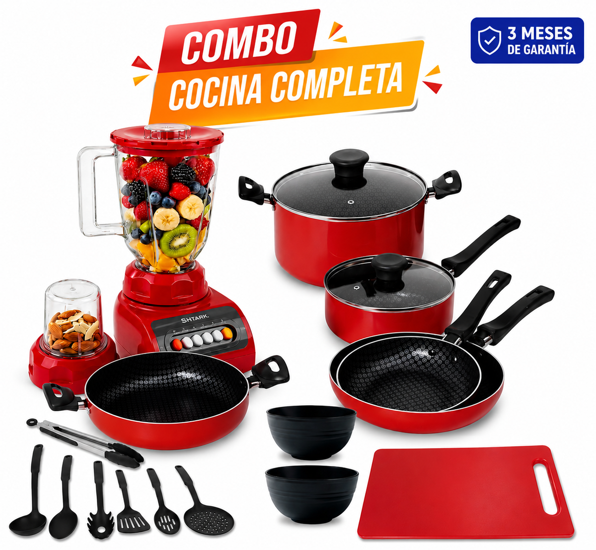 Combo Licuadora 500W + Batería de Cocina 17 Piezas Antiadherente Roja