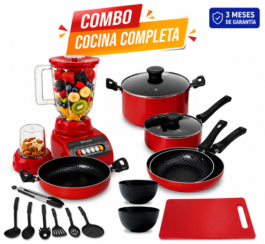 Combo Licuadora 500W + Batería de Cocina 17 Piezas Antiadherente Roja