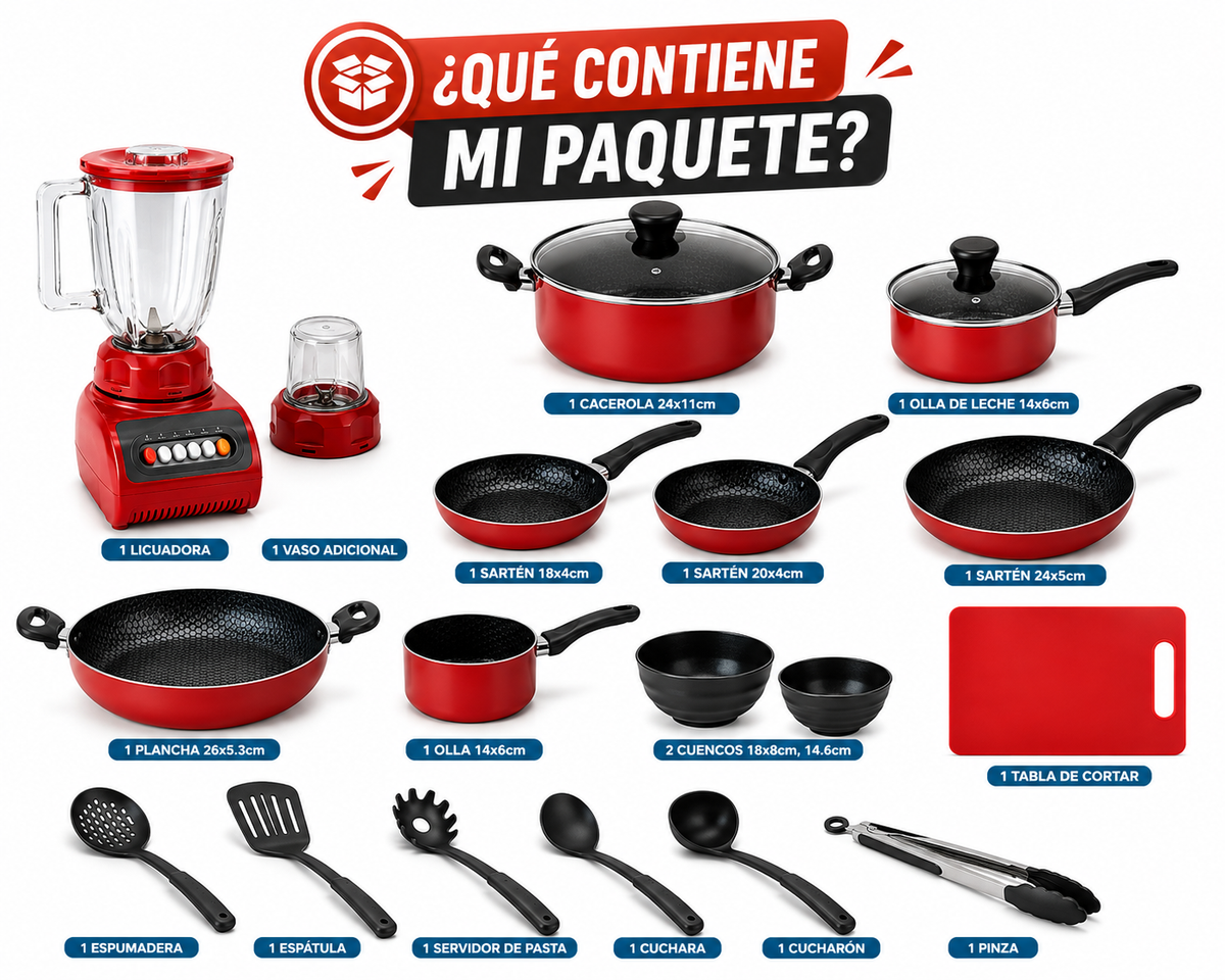 Combo Licuadora 500W + Batería de Cocina 17 Piezas Antiadherente Roja