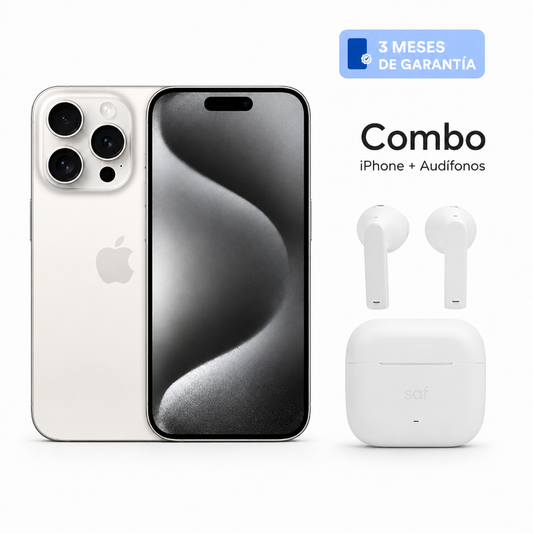 Celular reacondicionado Apple iPhone 15 Pro 128 GB Blanco Grado A e-sim + Audífonos inalámbricos