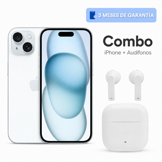 Celular reacondicionado Apple iPhone 15 128 GB Azul Grado A e-sim + Audífonos inalámbricos