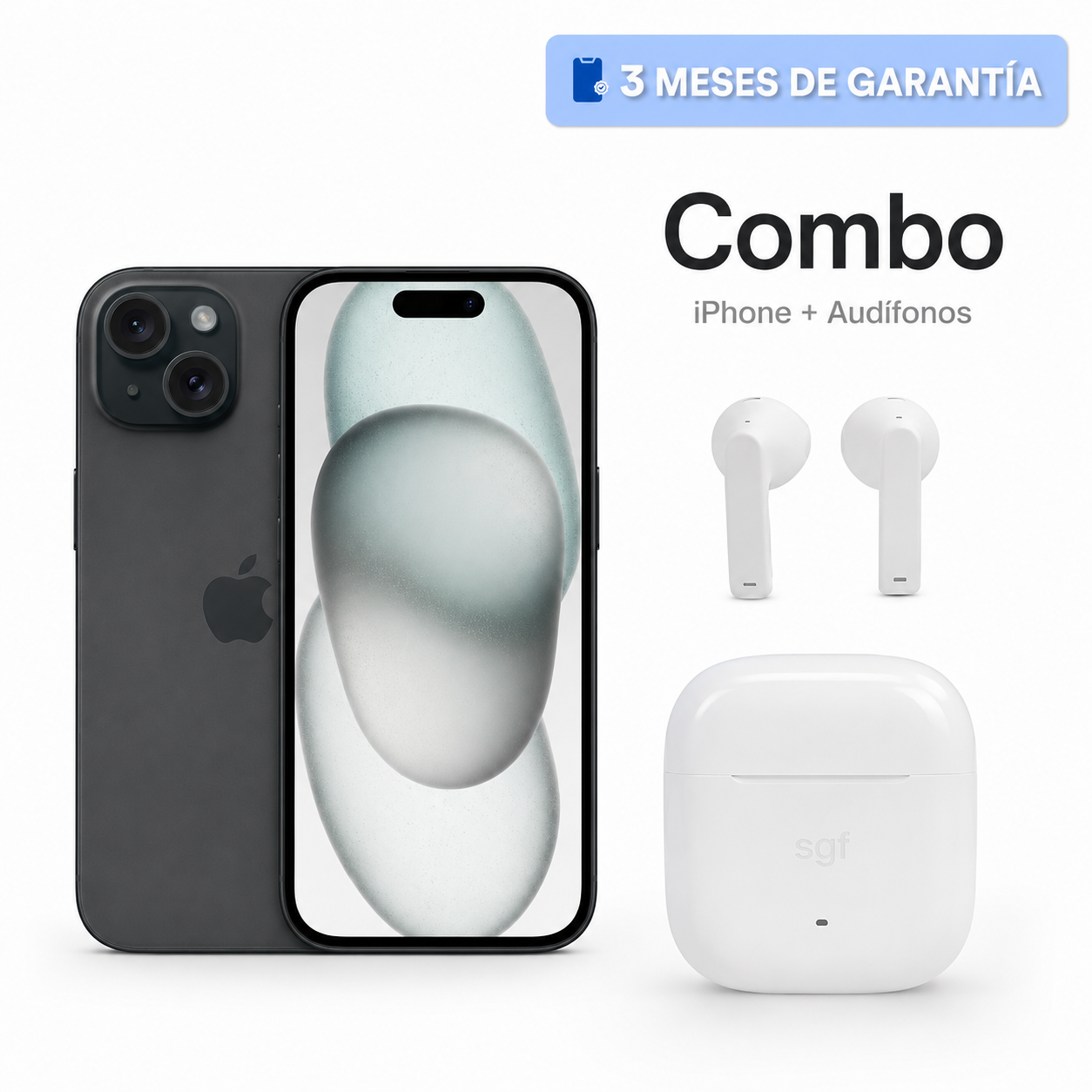 Celular reacondicionado Apple iPhone 15 128 GB Negro Grado A e-sim + Audífonos inalámbricos