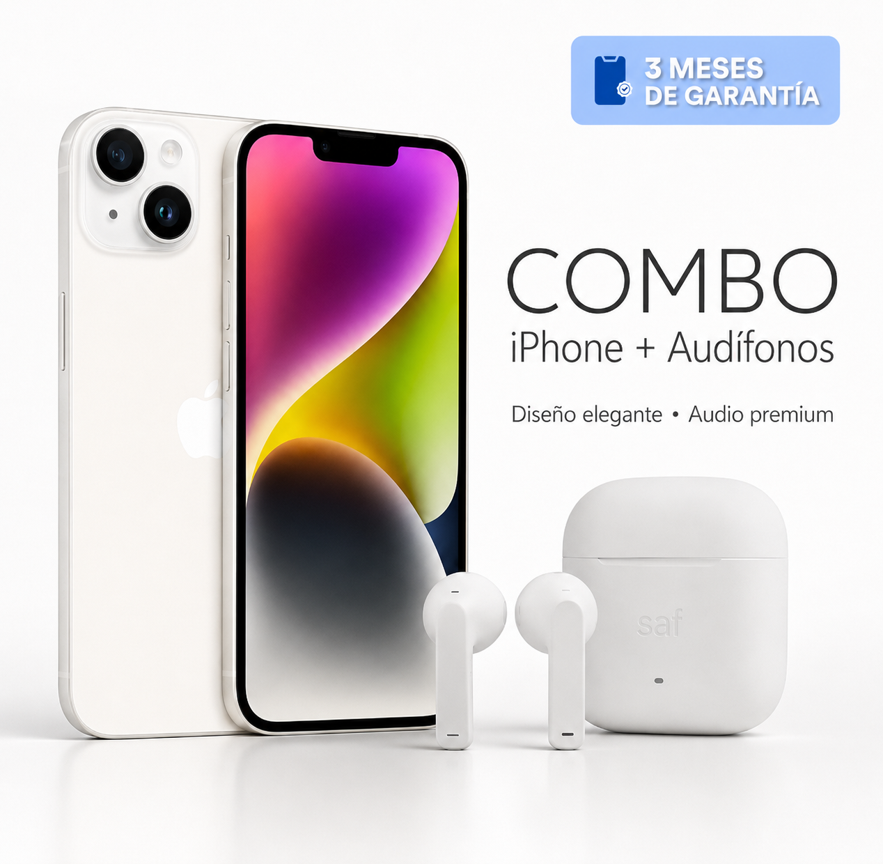 Celular reacondicionado Apple iPhone 14 128 GB Blanco Grado A e-sim + Audífonos inalámbricos