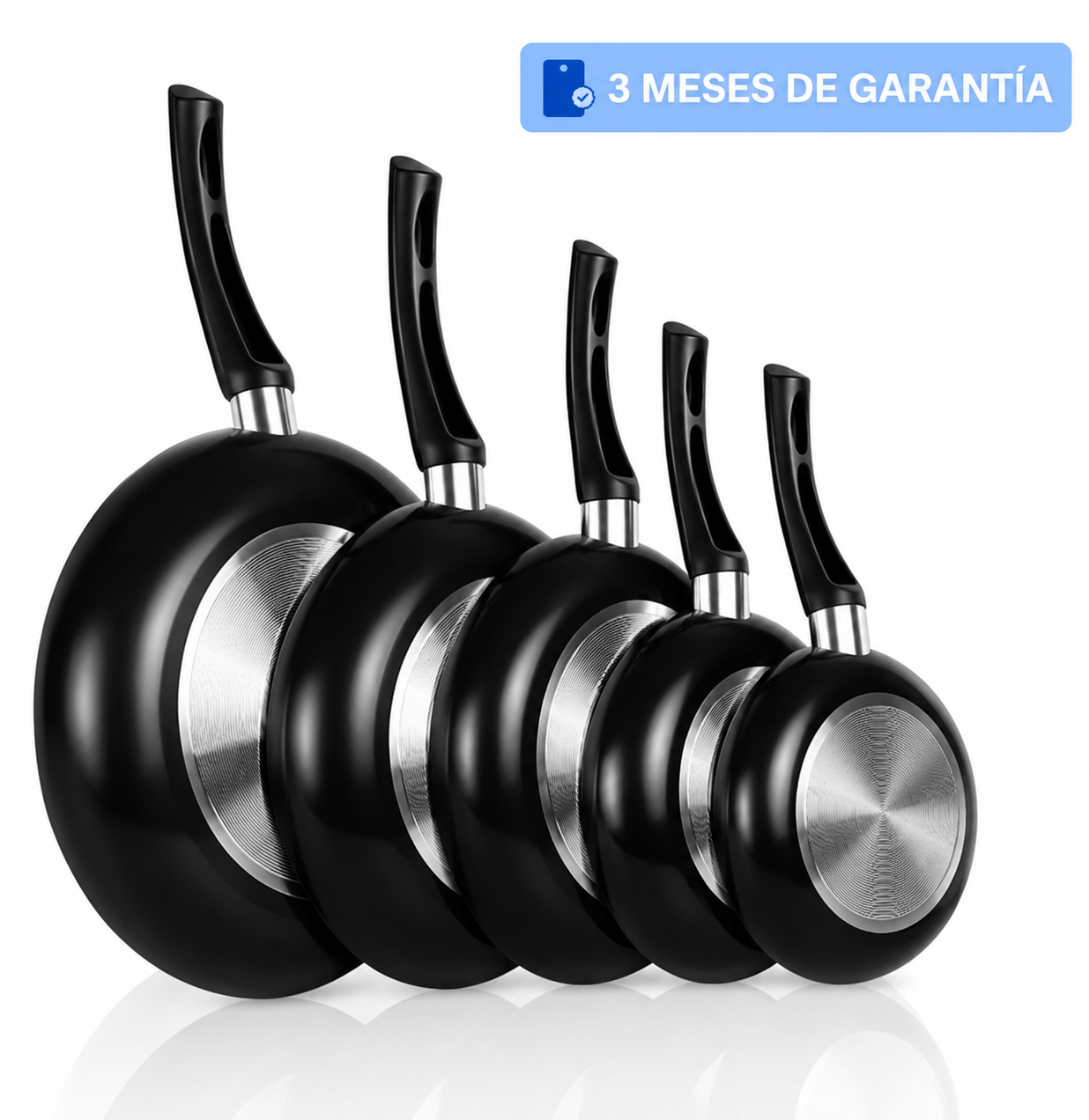 Juego de 5 Sartenes de Aluminio Antiadherente en Color Negro – 18, 20, 24, 26 y 30 cm