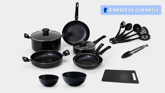 Batería de Cocina Antiadherente de 17 Piezas - Kit Profesional con Utensilios y Bowls