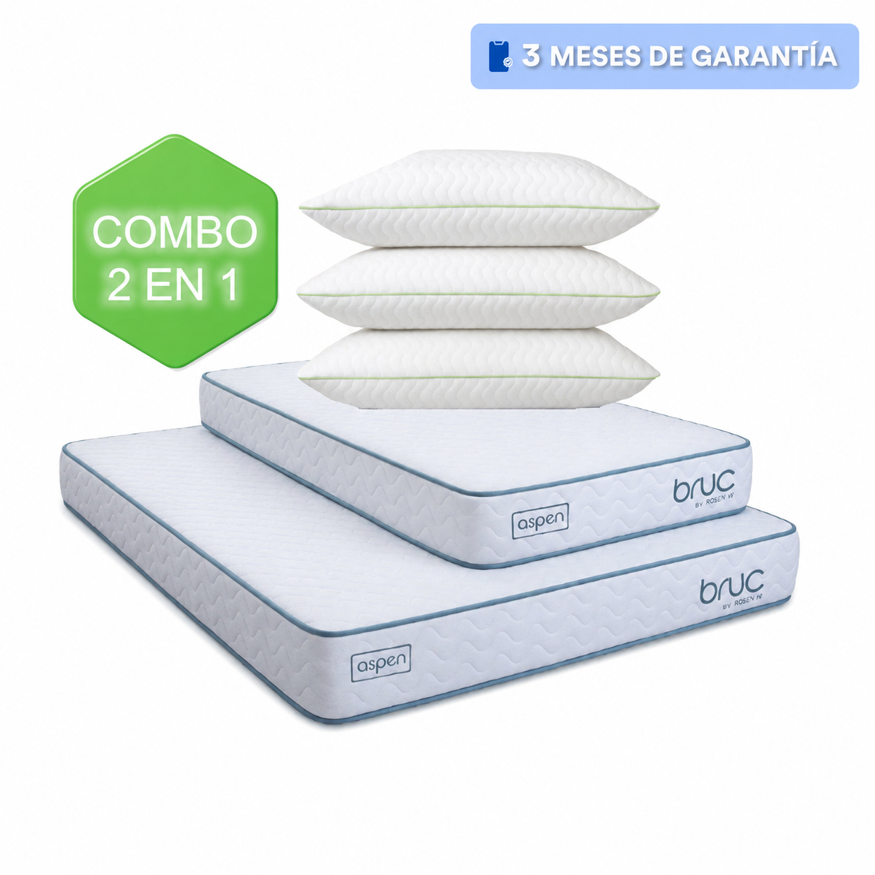 Combo 2 colchones Bruc Individual + Matrimonial Con Almohada Super Visco Regular 3 Piezas