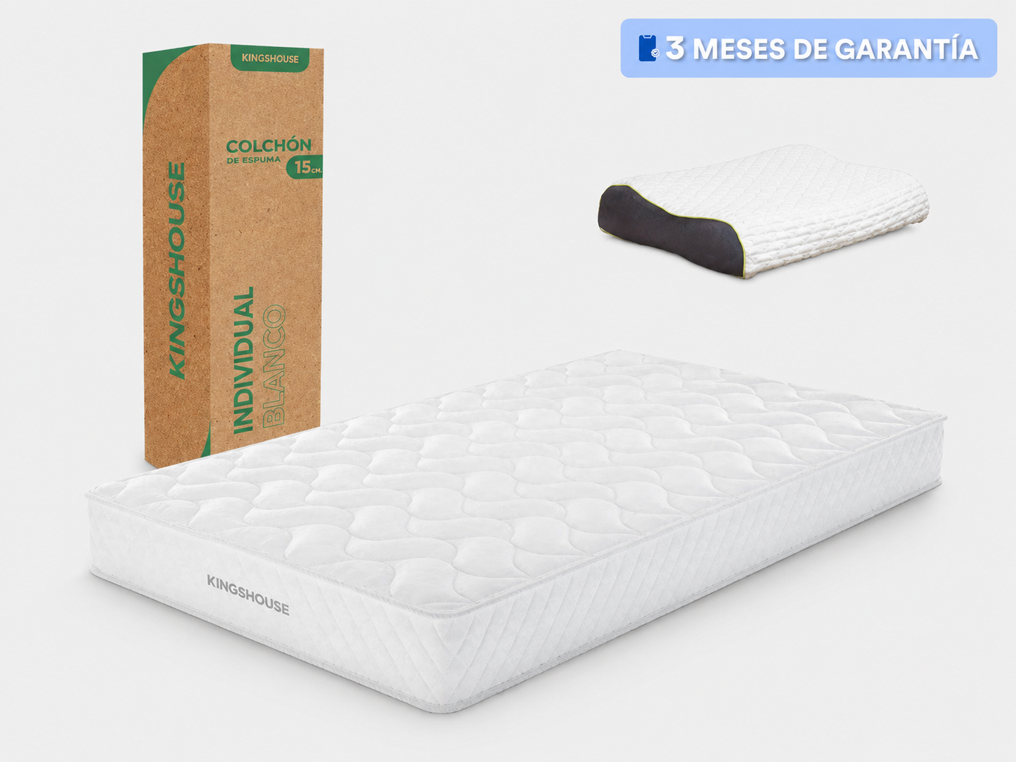Set Colchon Individual alta densidad hipoalergénico antiacaros KingsHouse + Almohada Ortopédica Cervical Super Visco Blanca