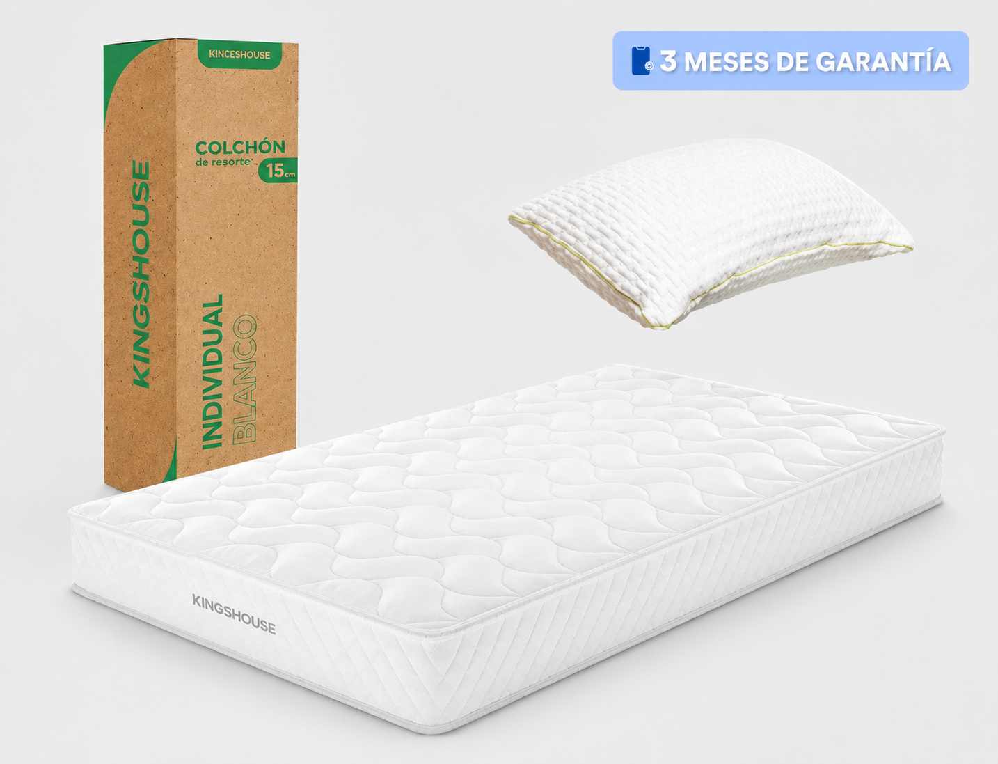 Set Colchon Individual alta densidad hipoalergénico antiacaros KingsHouse + Almohada Ortopédica Cervical Super Visco Blanca