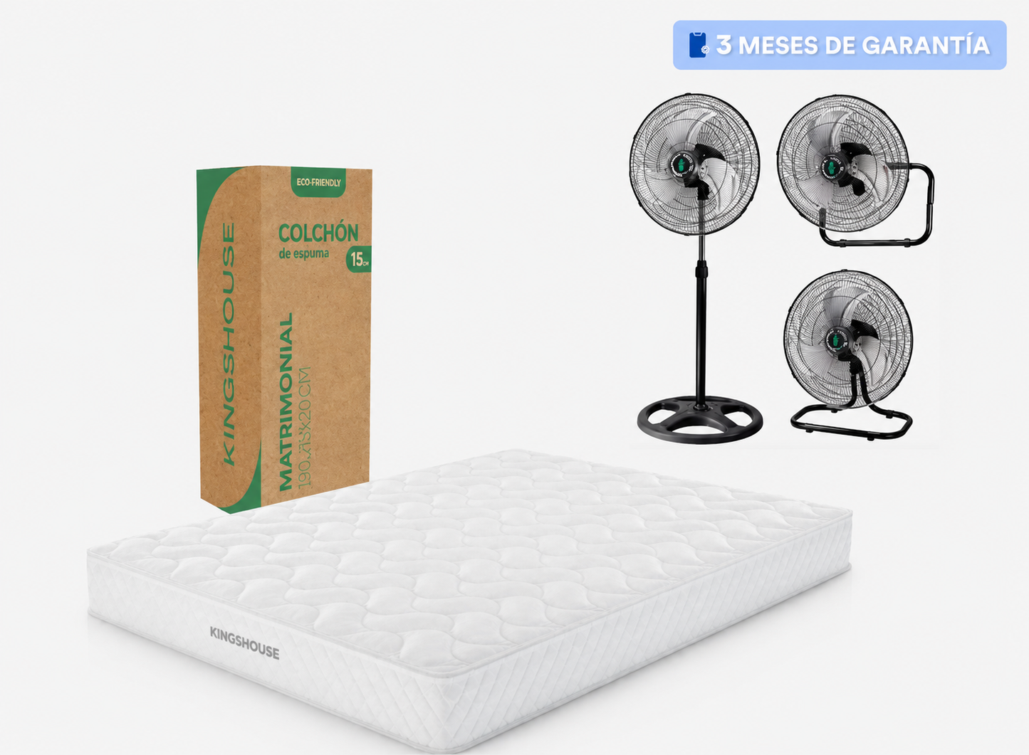 KIT Colchon Matrimonial Alta Densidad Hipoalergenico Antiacaros KingsHouse + Ventilador De Pedestal NOVOLINE 18 Pulgadas 3 En 1