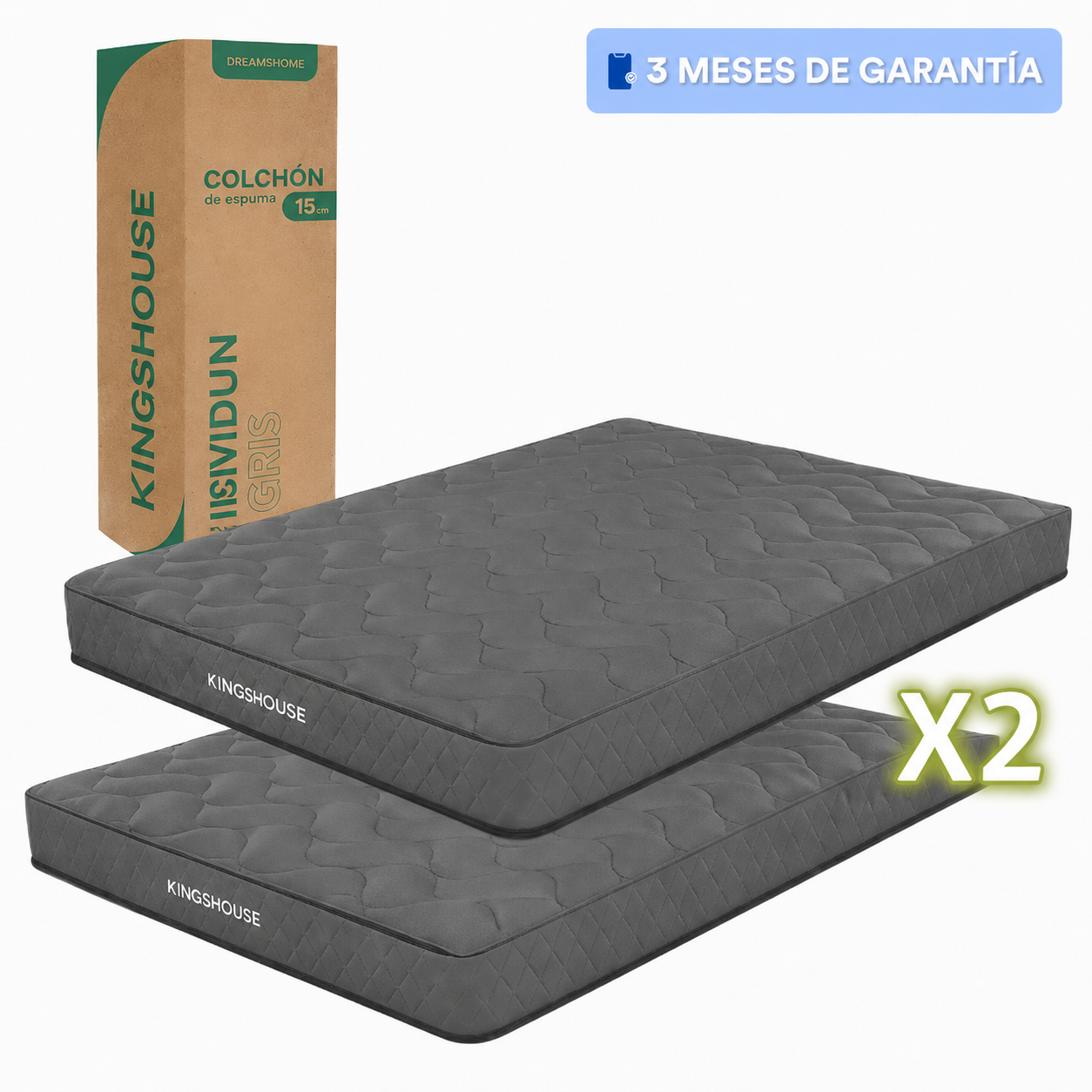 Combo Dos Colchones Individuales De Alta Densidad, Antiacaros e Hipoalergenico Gris Kingshouse