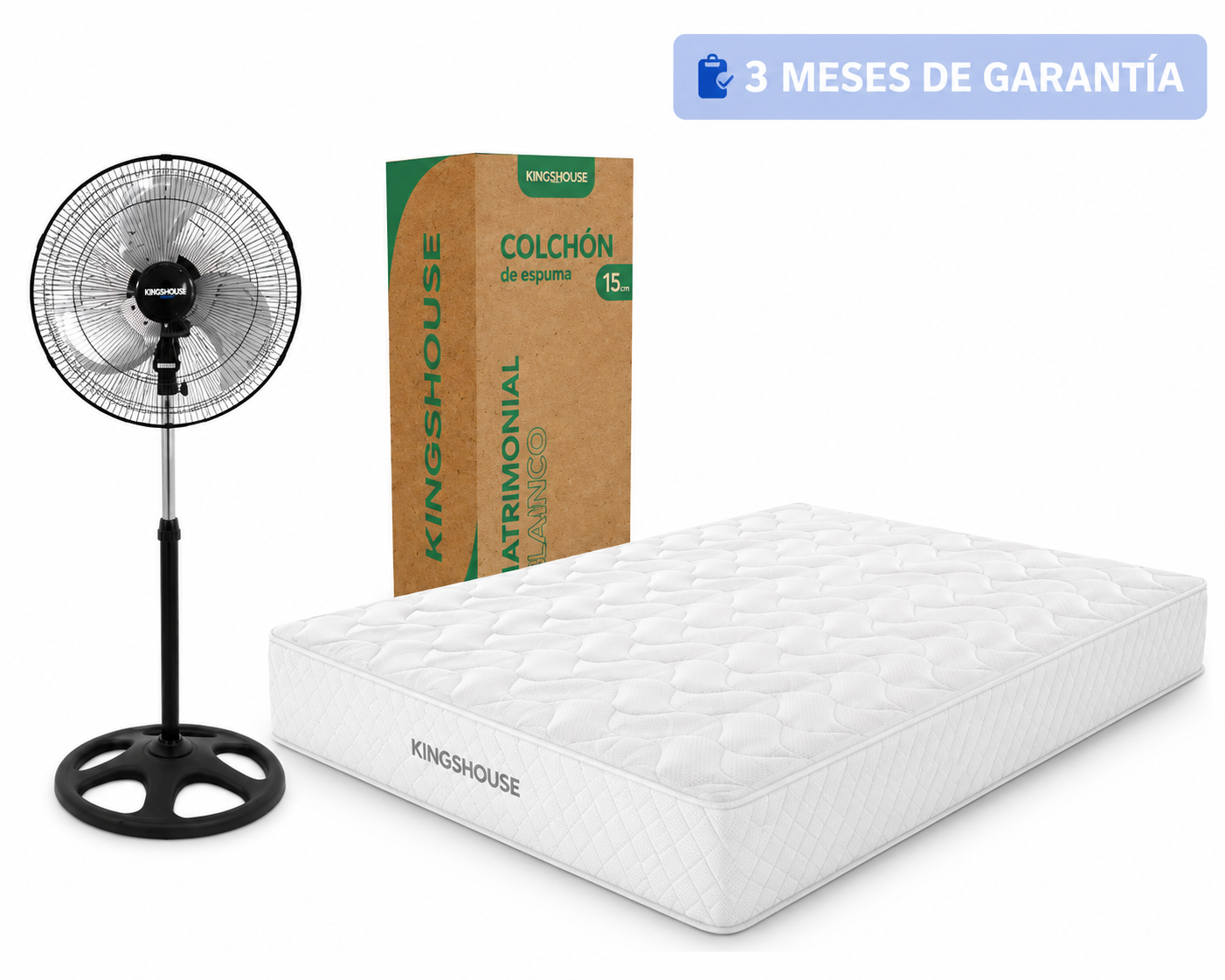 KIT Colchon Matrimonial Alta Densidad Hipoalergenico Antiacaros KingsHouse + Ventilador De Pedestal MYSTORM de 18 Pulgadas