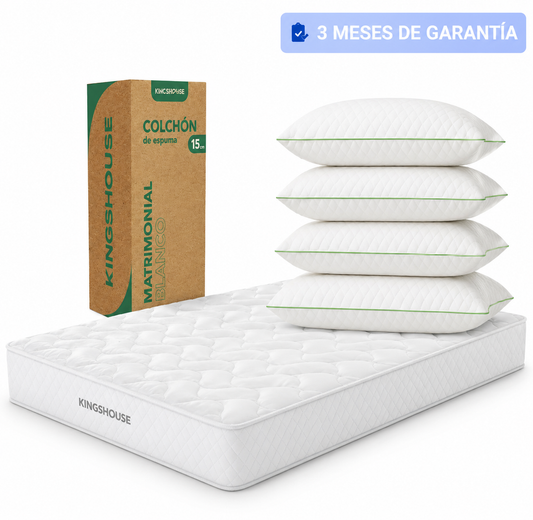 Set de Descanso Matrimonial KingsHouse: Colchón Alta Densidad antiácaros + 4 Almohadas Ortopédicas Súper Visco
