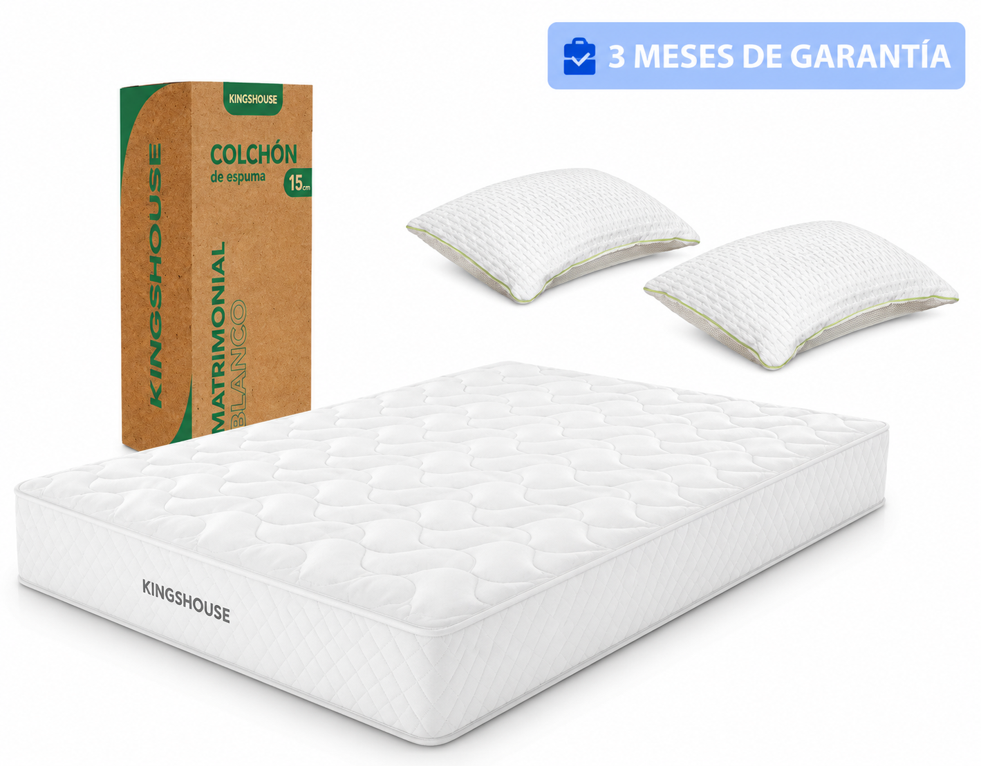 Set Colchon Matrimonial Alta Densidad Hipoalergenico Antiacaros KingsHouse + Almohada Ortopédica Cervical Super Visco Blanca