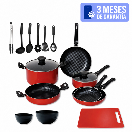 Batería De Cocina Juego Sartenes 17 piezas Antiadherente Rojo