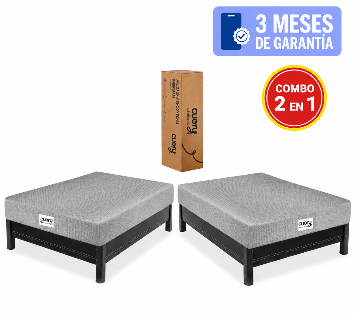 Combo Colchon Memory Foam Individuales Con Funda Removible Y Lavable Color Gris - 2 colchones