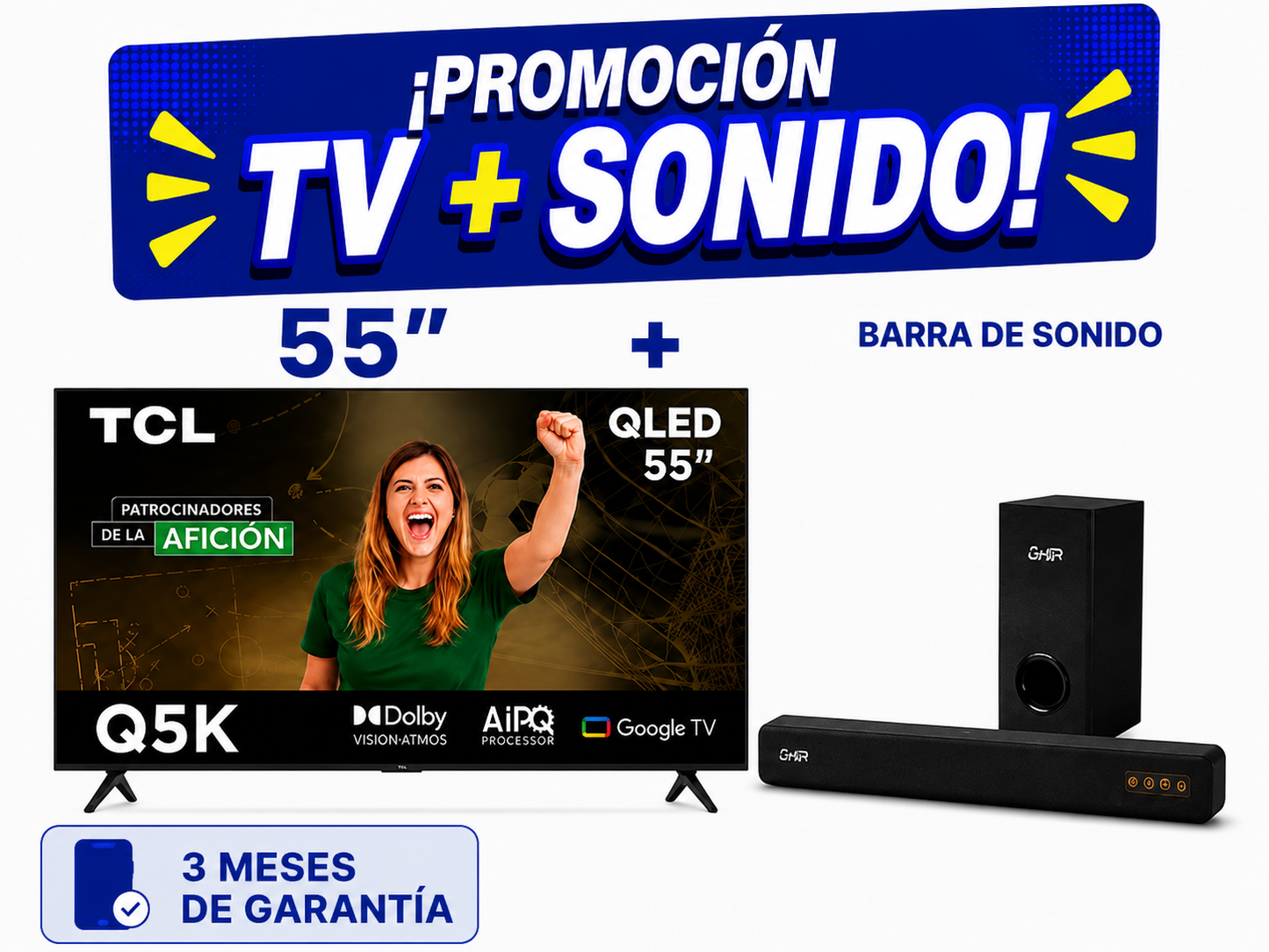 Pantalla Smart TV TCL 55″ QLED 4K UHD + Teatro en Casa GHIA Audio Sistema 2.1
