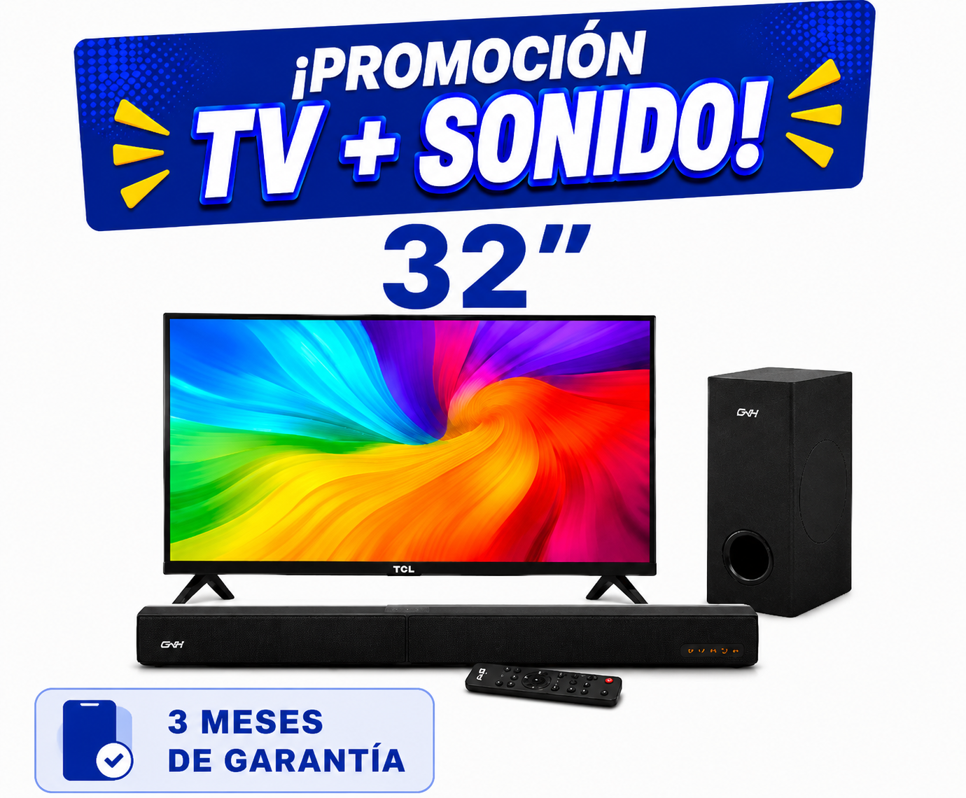 Pantalla Smart TV TCL 32″ QLED 2K FHD + Teatro en Casa GHIA Audio Sistema 2.1