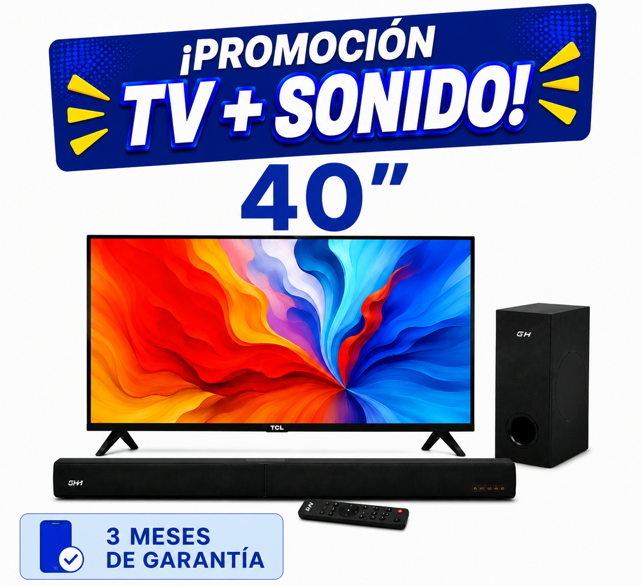 Pantalla Smart TV TCL 40″ QLED + Teatro en Casa GHIA Audio Sistema 2.1