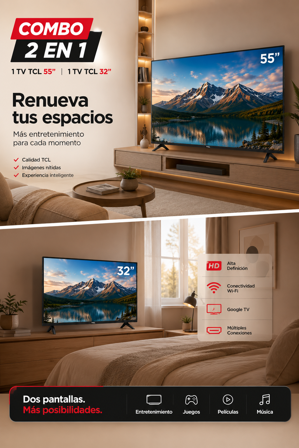 Pantalla Smart TV TCL QLED 55″ 4K UHD + 32″ 2K FHD – Google TV combo de 2