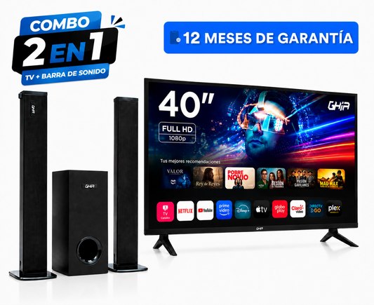 Combo Pantalla Smart TV Full HD 40” + Barra de Sonido 2.1 con Subwoofer
