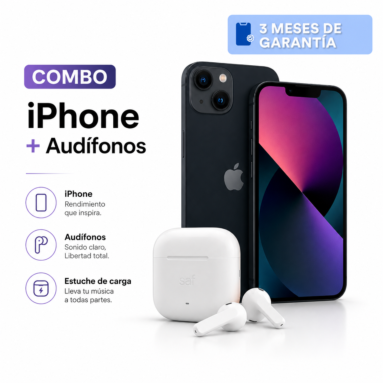 Celular reacondicionado Apple iPhone 13 mini 128 GB Negro Grado A e-sim + Audífonos inalámbricos
