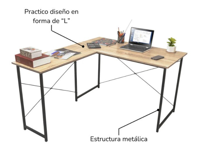 Escritorio con Forma de L Beige y Negro
