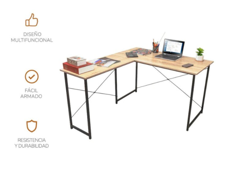 Escritorio con Forma de L Beige y Negro