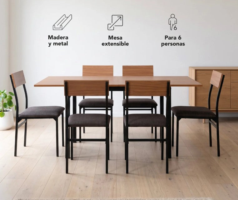 Comedor Extensible Rectangular 6 Sillas Mesa Plegable Madera