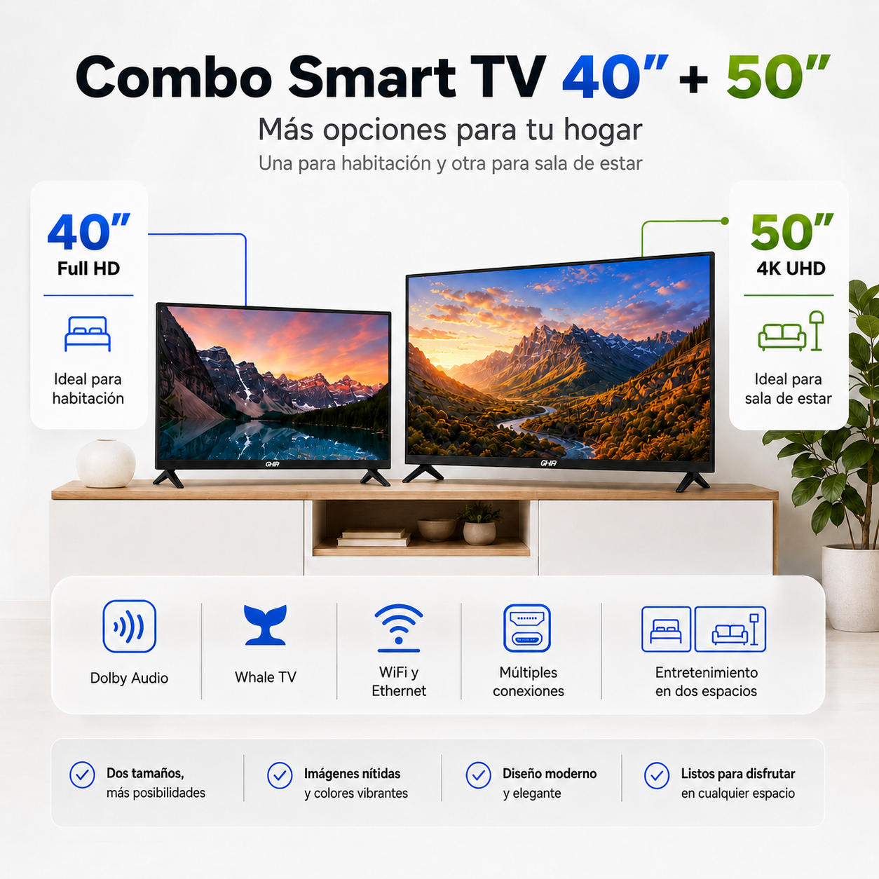 Combo 2 Pantallas Smart TV GHIA 40” y 50”