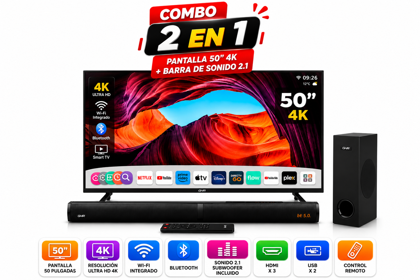 Combo Pantalla Smart TV Resolución 4K 50” + Barra de Sonido 2.1 con Subwoofer
