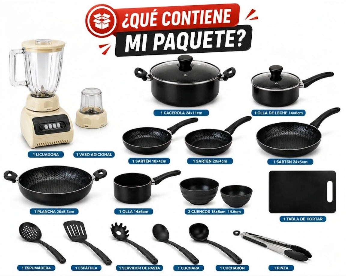 Combo Licuadora 500W Crema + Batería de Cocina 17 Piezas Antiadherente Negra