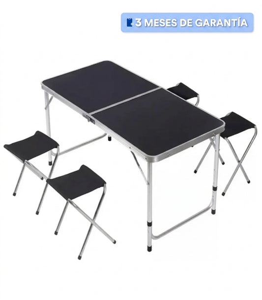 Mesa plegable negra tipo portafolio de 120x60 cm con 4 bancos