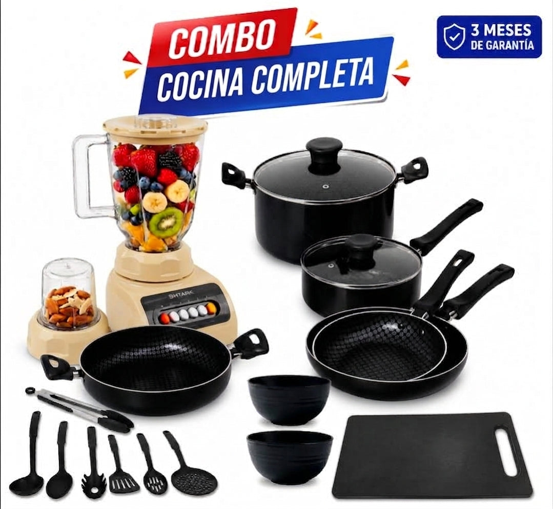 Combo Licuadora 500W Crema + Batería de Cocina 17 Piezas Antiadherente Negra