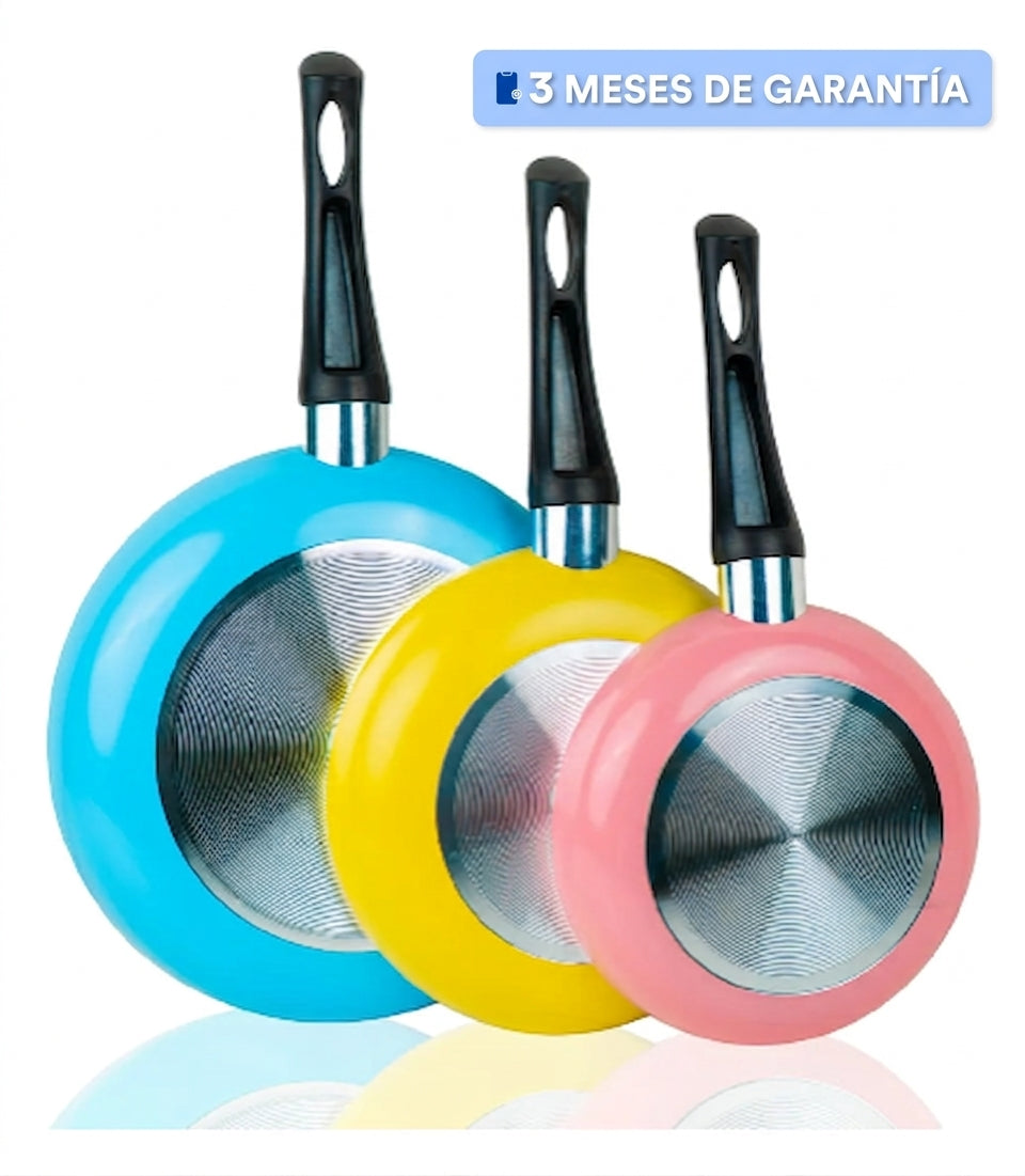 Juego de 3 Sartenes de Aluminio Antiadherente en Colores – 18, 20 y 24 cm