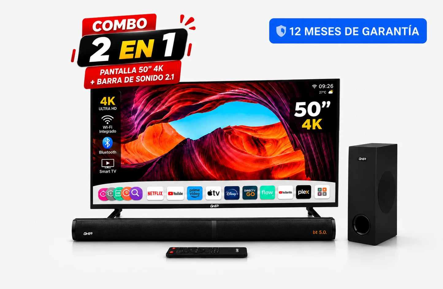 Combo Pantalla Smart TV Resolución 4K 50” + Barra de Sonido 2.1 con Subwoofer