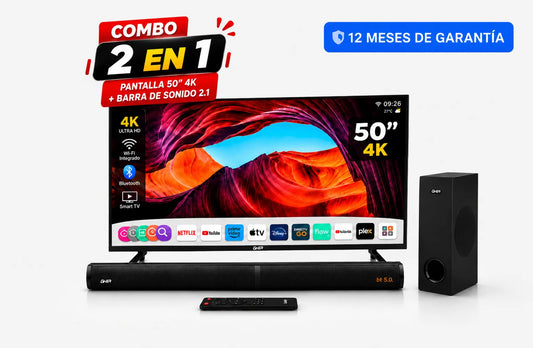 Combo Pantalla Smart TV Resolución 4K 50” + Barra de Sonido 2.1 con Subwoofer