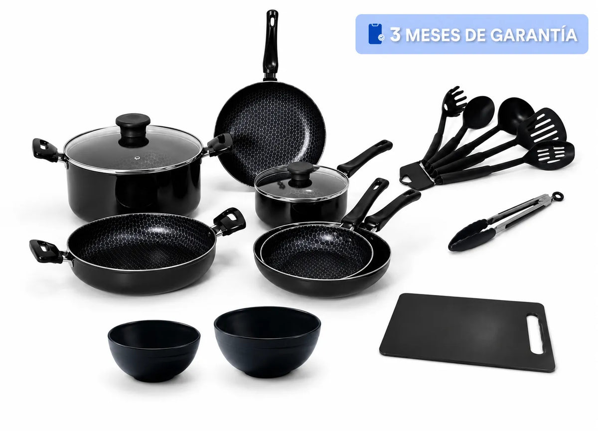 Batería de Cocina Antiadherente de 17 Piezas - Kit Profesional con Utensilios y Bowls