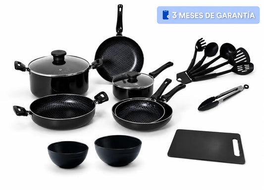 Batería de Cocina Antiadherente de 17 Piezas - Kit Profesional con Utensilios y Bowls