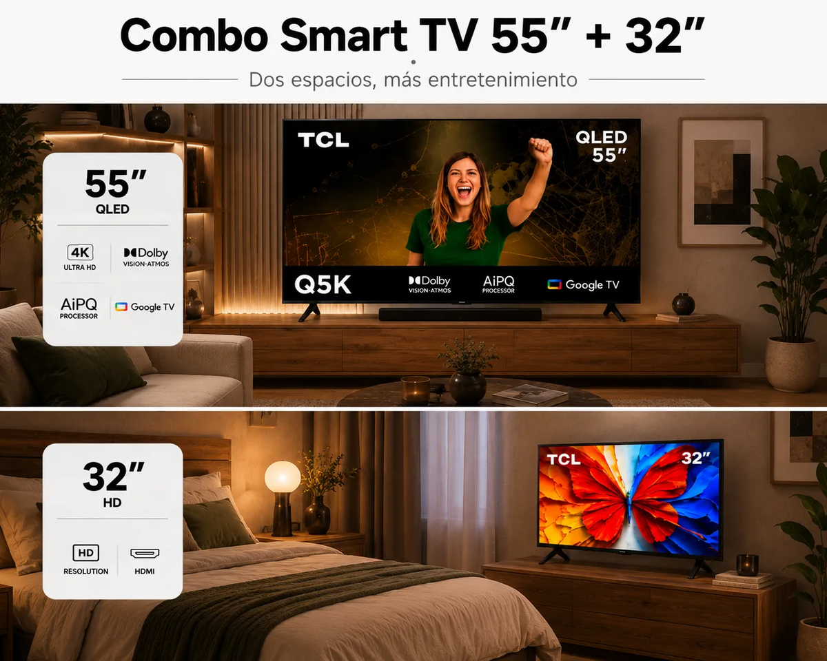 Pantalla Smart TV TCL QLED 55″ 4K UHD + 32″ 2K FHD – Google TV combo de 2
