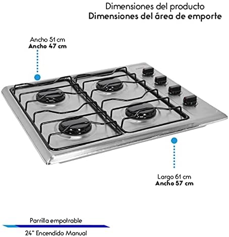 Parrilla Estufa de Gas Empotrable 4 quemadores Acero Inoxidable