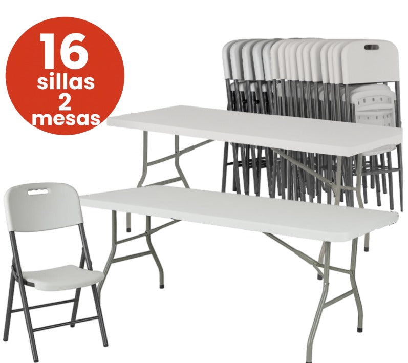 Combo 2 Mesas Plegables Con Juego de 16 Sillas Blancas