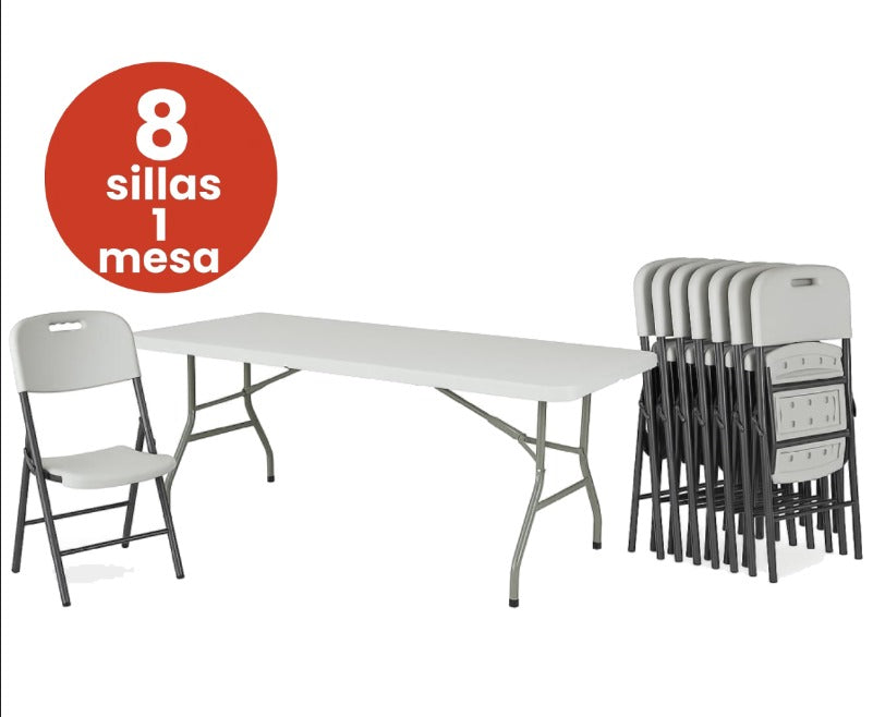 Combo Mesa Plegable Con Juego de 8 Sillas Blancas