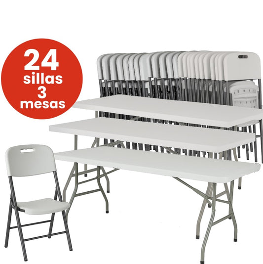 Combo 3 Mesas Plegables Con Juego de 24 Sillas Blancas